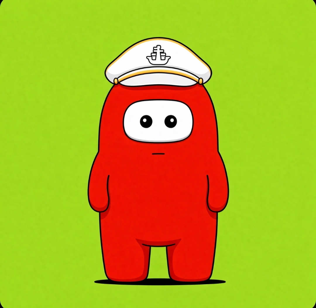 Red LilBud wearing a white and gold captain's hat